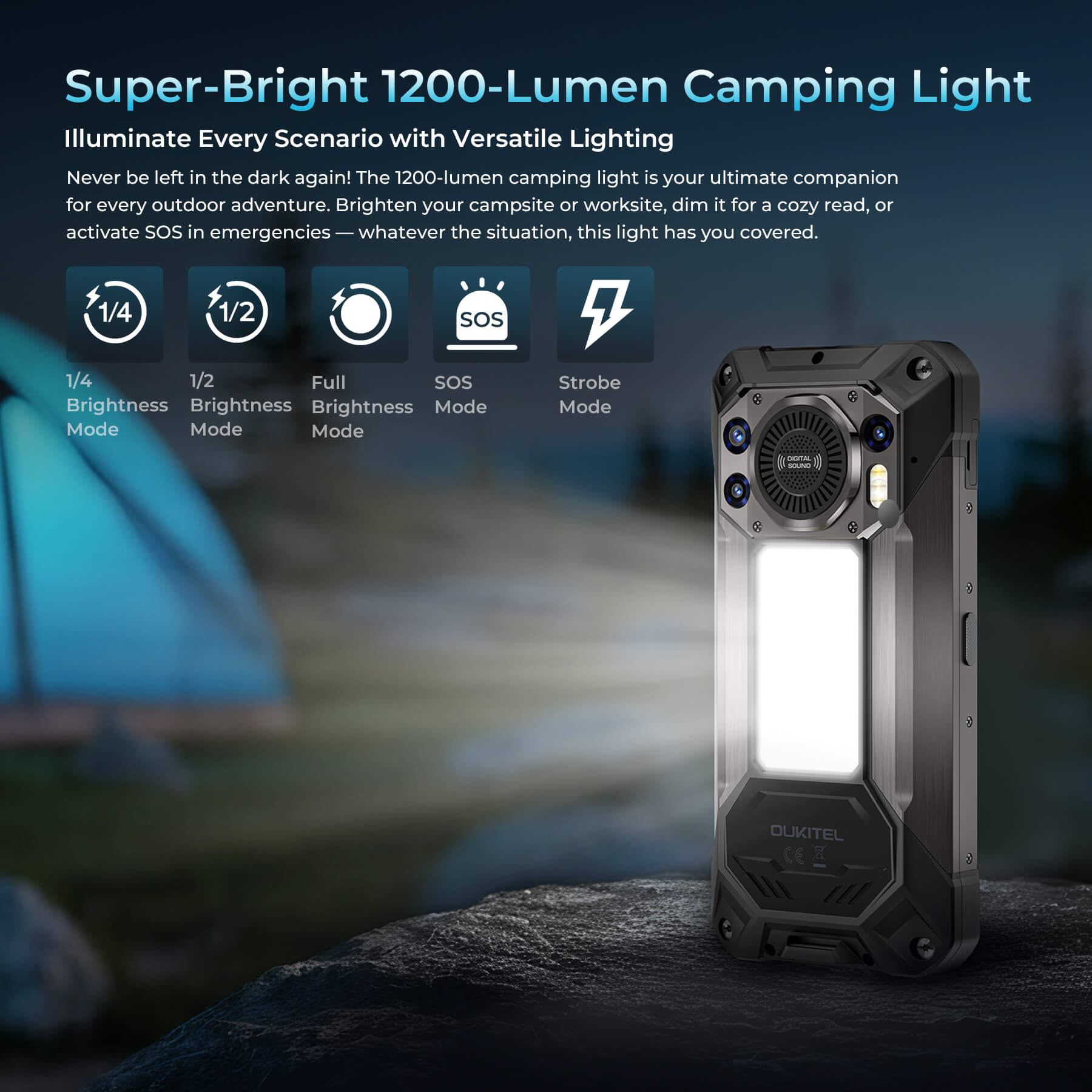 WP61 Ultra Rugged Phone featuring super-bright 1200-lumen camping light with versatile lighting modes including full brightness, half brightness, strobe, and SOS for outdoor adventures and emergencies.