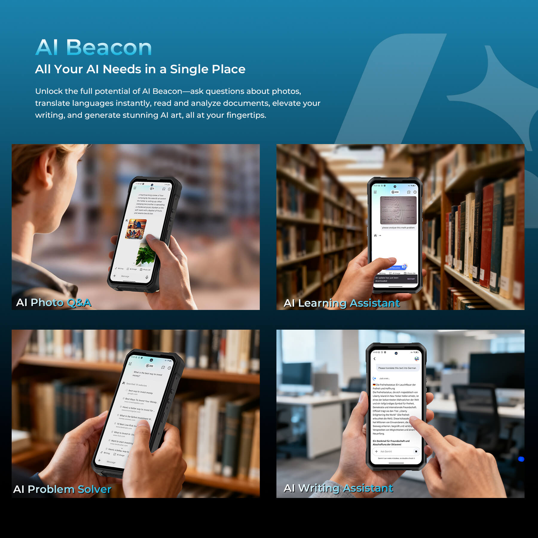 WP61 Ultra Rugged Phone featuring AIBeacon with all your AI needs in a single place—ask questions about photos, translate languages, analyze documents, elevate writing, and generate stunning AI art with AI Photo Q&A, Learning Assistant, Problem Solver, and Writing Assistant.